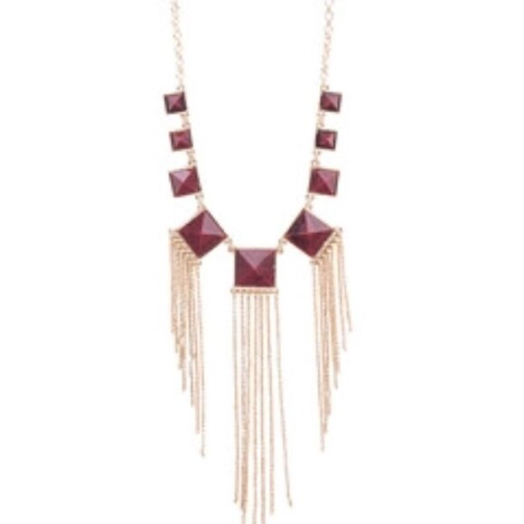 Punch NYC Necklace Bib Adjustable Red Stones Gold Fringe Statement 22-25” - Picture 1 of 3